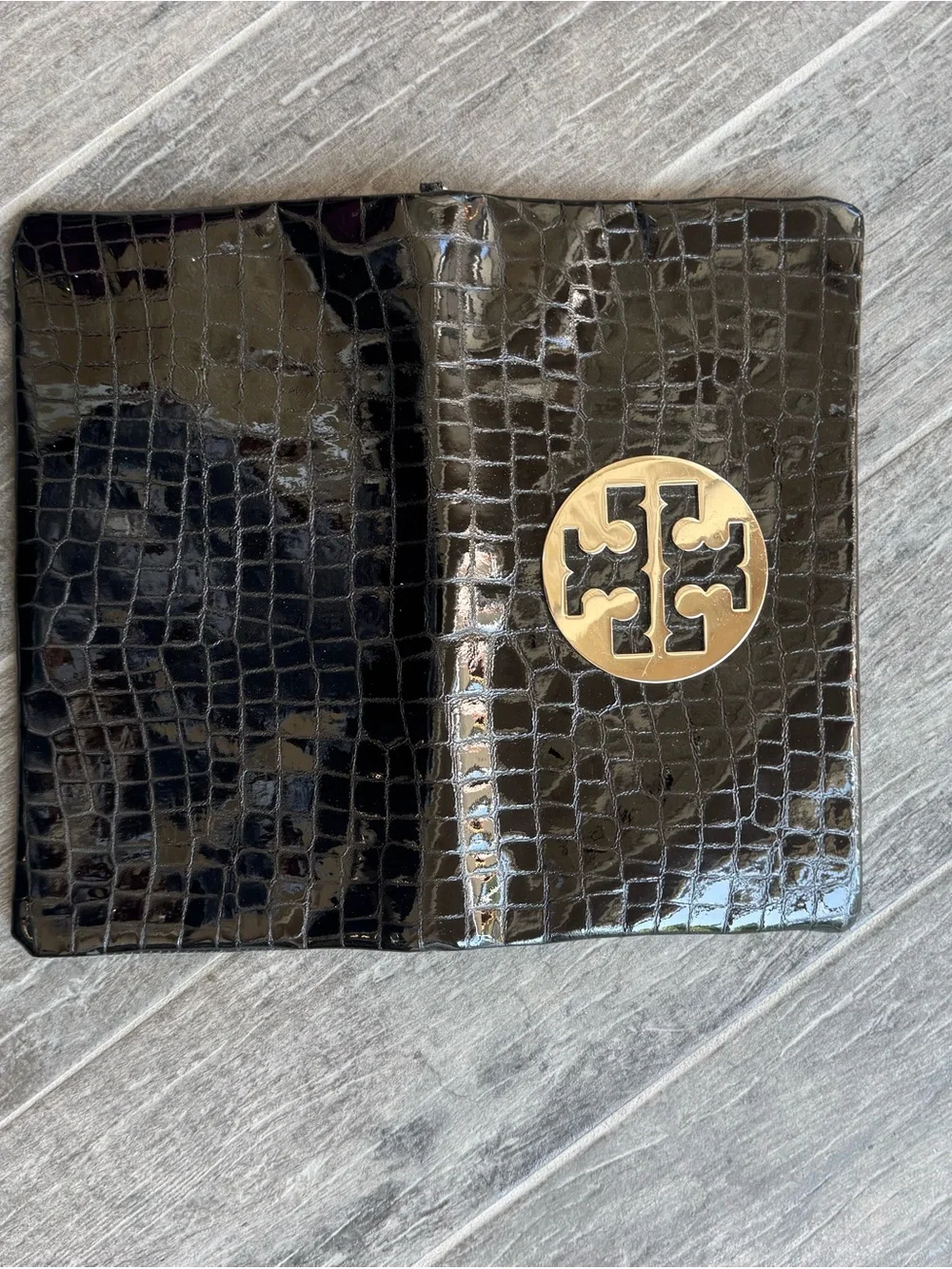 Tory Burch Reva Croc Embossed Patent Leather Fold over clutch bag